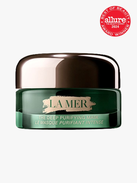 mask in branded green jar with soft rose gold lid on light gray background with red and white 2024 allure best of beauty seal