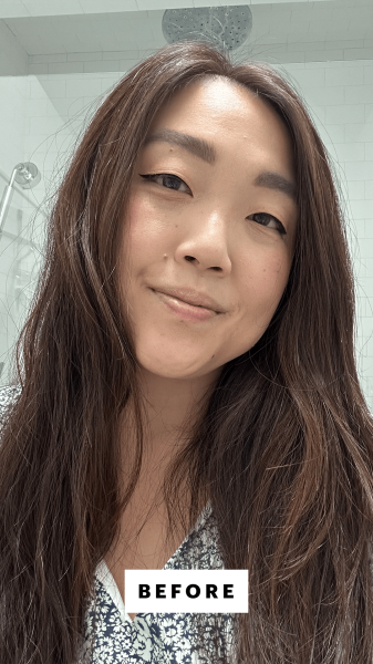 Lee before applying the Davines LOVE Smoothing Perfector