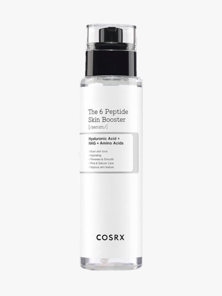 Cosrx The 6 Peptide Skin Booster clear bottle with black pump cap on light gray background