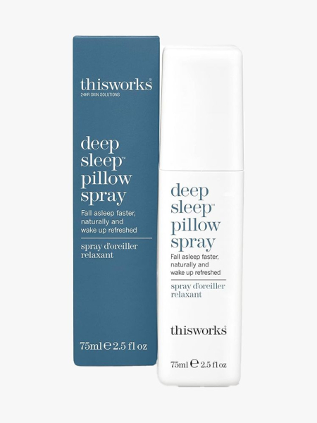 thisworks Deep Sleep Pillow Spray: Natural Sleep white rectangle spray bottle and blue box on light gray background