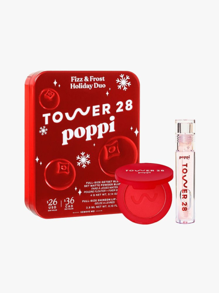Tower28 x Poppi Fizz  Frost Blush Lip Kit in branded components on a light gray background